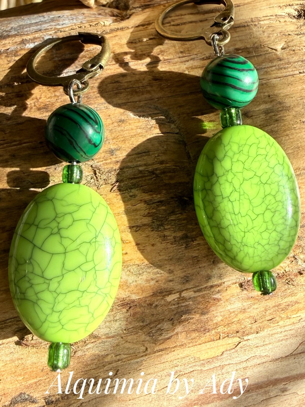 Malachite and Bright Lime and Emerald Dangle Earrings